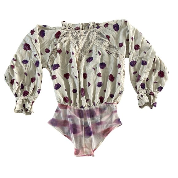 Intimately Free People Poppy Floral Printed Bodysuit Cream Lace Ivory Ruffle S - Picture 9 of 9